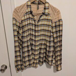 Free People Yellow Beige Crochet Yoke Plaid Button Down Shirt